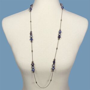Long Beaded Chain Necklace Silver Tone Blue Beads Metallic Shimmer Boho Jewelry
